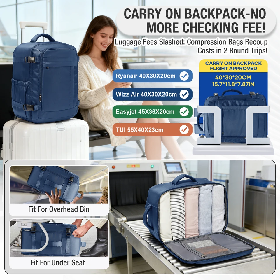 50l air travel backpack on airplane AREYTECO Backpack, Expandable Large Carry for Men Women It fits large laptops up to 18.5 inches and features multiple compartments including a laptop compartment Backpack as carry-on baggage :