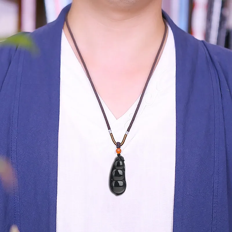 Genuine Natural Burmese Black Emerald Beans Pendant Necklace Jade Hand-carved Fashion Charm Jewelry Amulet Gifts for Men Luxury