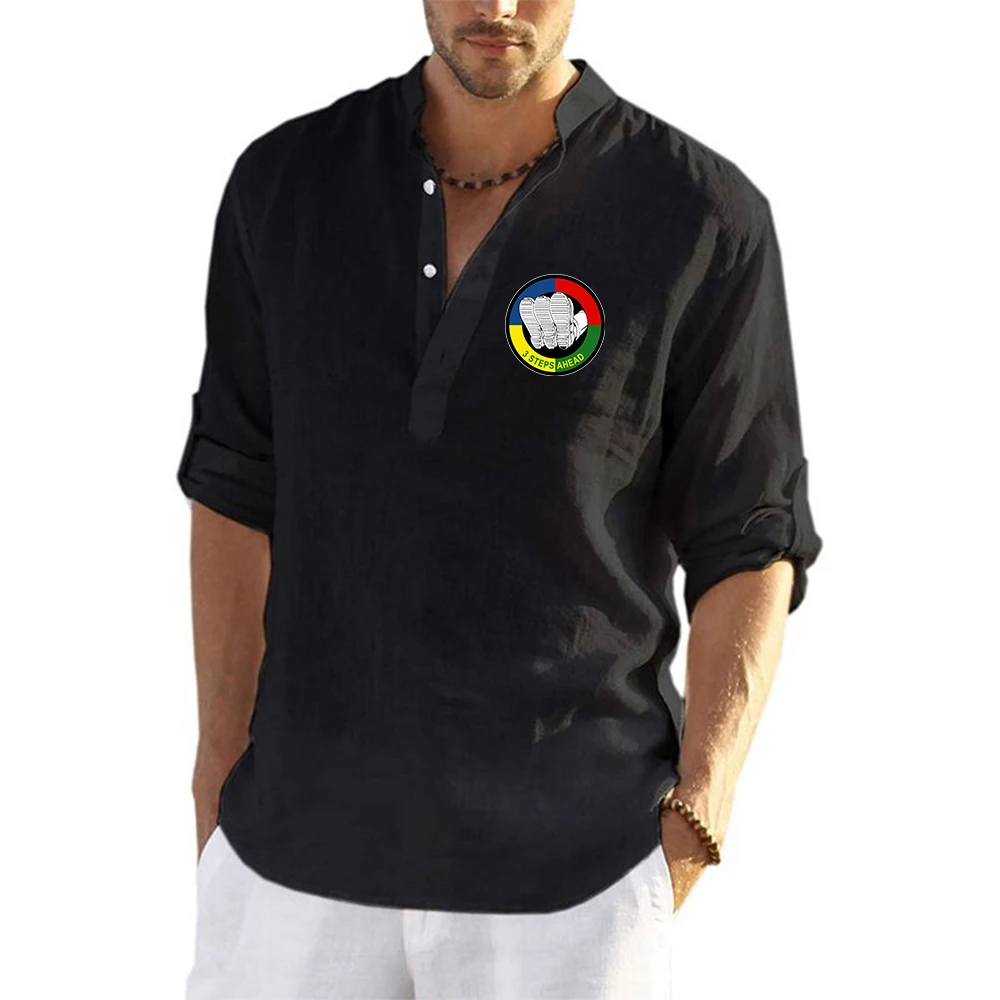 3 Steps Ahead Men's linen long-sleeved shirt, lightweight and breathable, suitable for summer. V-neck design.