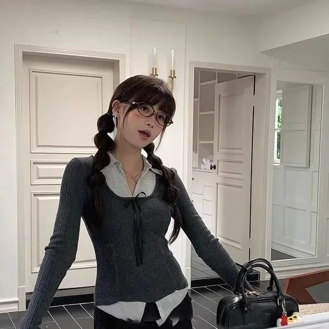 甘いボウパッチワークツーピースニットトップス女性用秋ラペルスリムフィット長袖プルオーバーファッションショートセーター