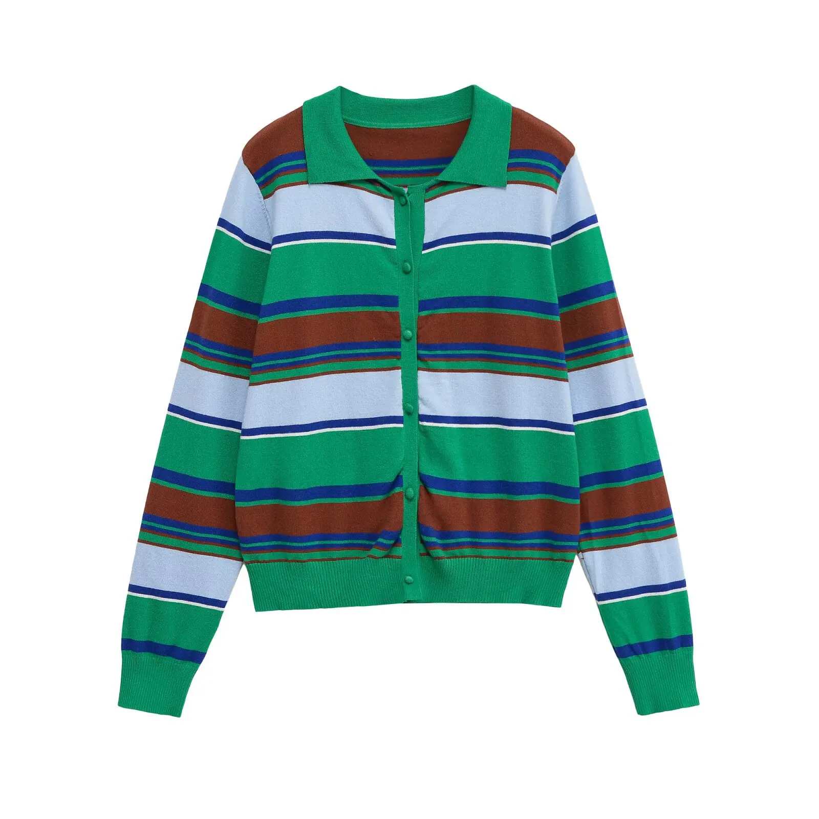 

Autumn New Retro Style Sweater Horizontal Striped Knitted Cardigan Women's Turn Down Collar Long Sleeve Sweater Top