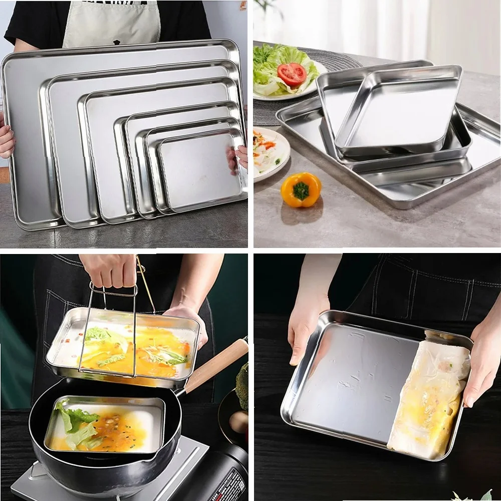 

Kitchen Rectangle Stainless Steel Food Storage Serving Trays Sausage Noodles Fruits Dish Restaurant Hotel Metal Dinnerware Plate