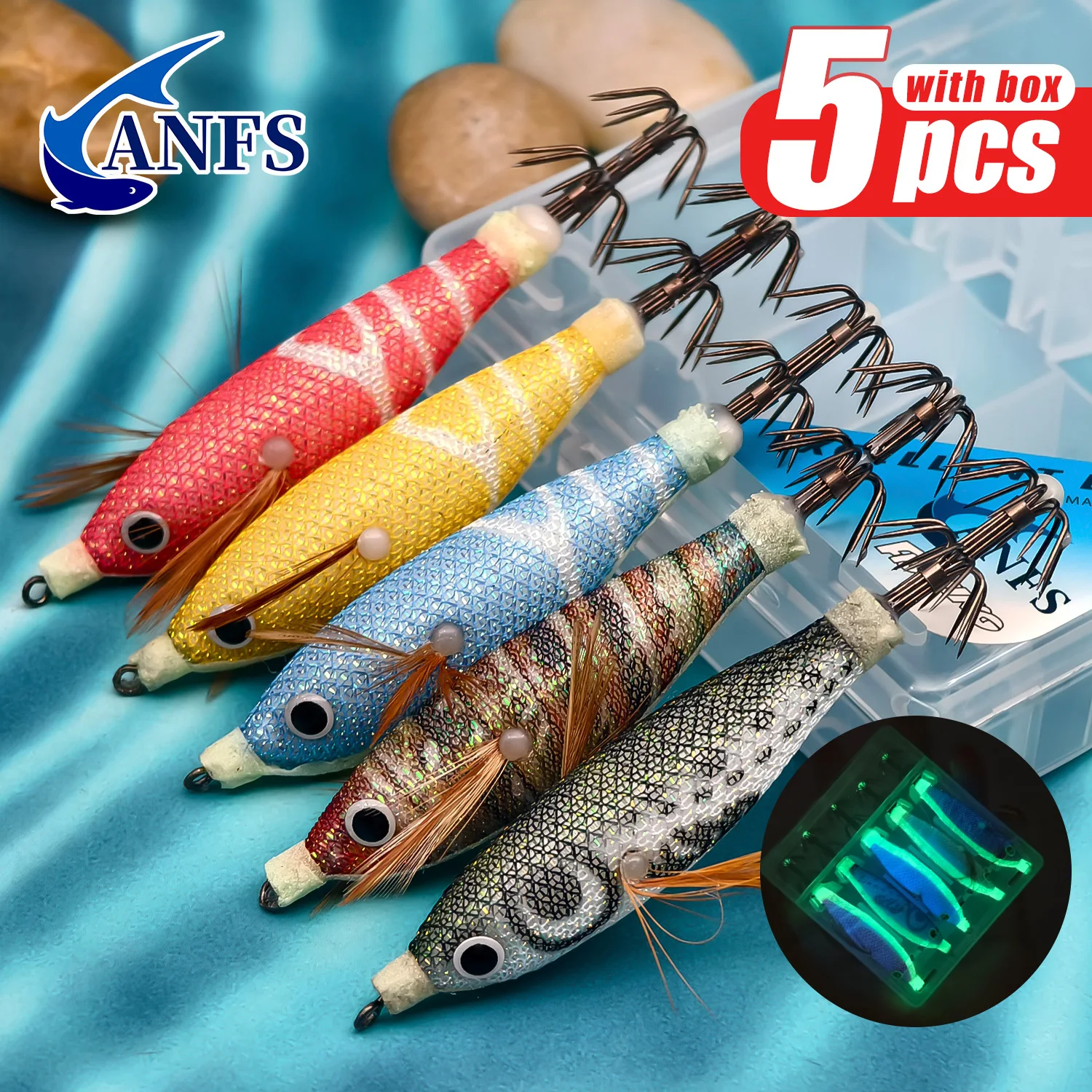 ANFS 5 قطعة مجموعة تهزهز الحبار الروبيان الأفقي الممتاز-طُعم صيد الأسماك في المياه المالحة طُعم الجمبري لخطبوط القبار