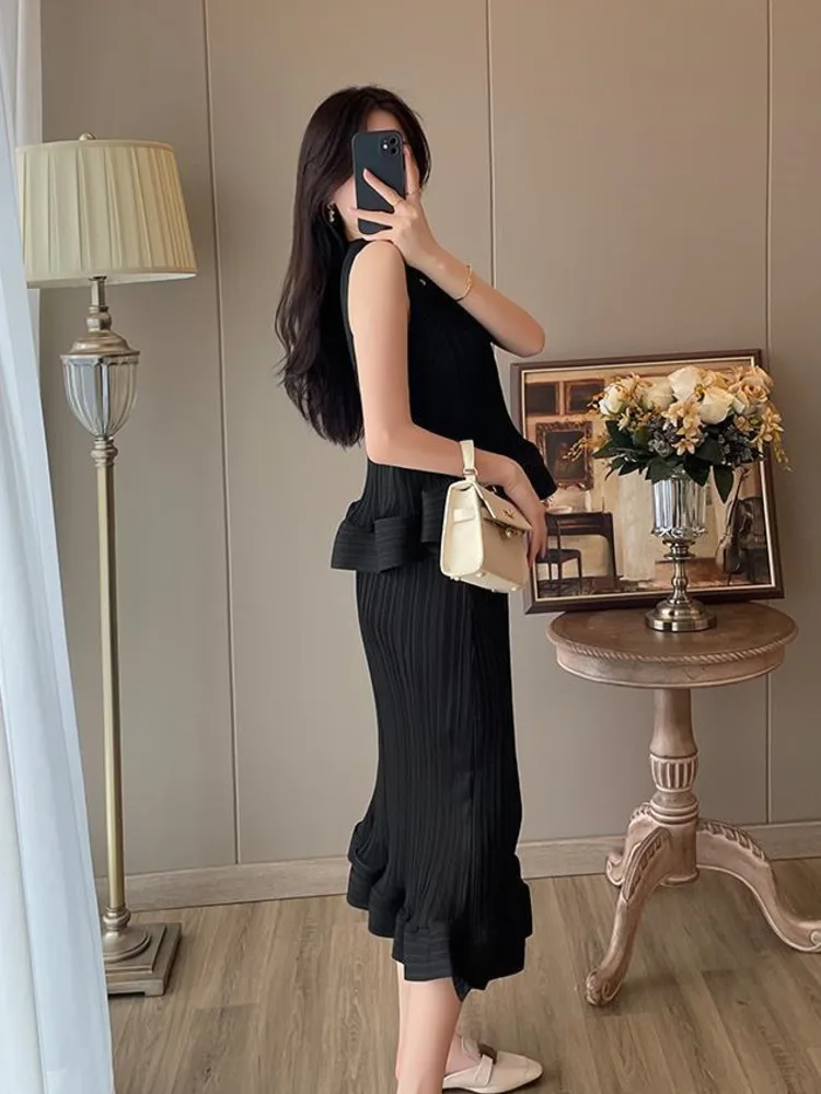 LANMREM 2024 Summer Pleated 2 Pieces Skirt Set For Women O-neck Sleeveless High Waist Designer Skirts Female Summer New 2YA884