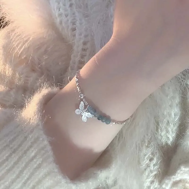 جديد الأخضر كريستال فراشة شكل قلادة سوار للنساء موضة المعادن غير النظامية هندسية مطرز سلسلة سوار مجوهرات