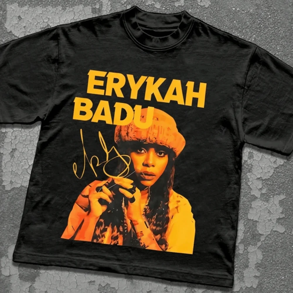 Erykah Badu Signature Portrait Print Urban Music Icon Design Short-Sleeved T-Shirt Unisex Retro Street Y2K Casual Tops Clothing