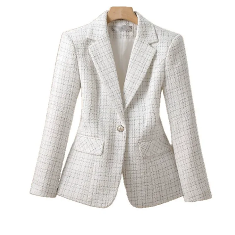 Wit Jasje Dames Eenvoudig Kantoor Dames Blazers Lente Herfst Vrouw Jassen Geruite Zak Uitloper Elegante Vrouwelijke Pakken