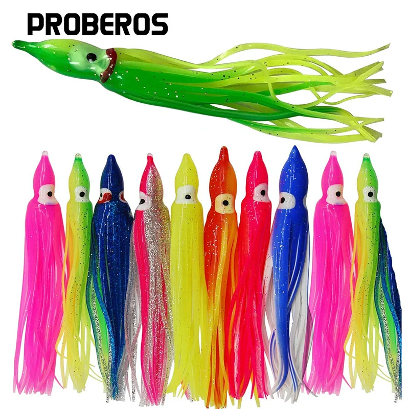 PRO BEROS 5Pcs Soft Luminous Octopus Skirts Lures Silicone Tuna Trolling Skirted Squid Jigging Sea Fishing Bait 3D Glow Eye Tool