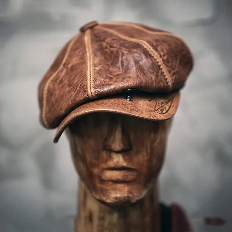 British Mens Motor Biker Beanies Sheepskin Real Leather Octagonal Hats New Women Winter Military Cap Boina Chapeau Retro Hat