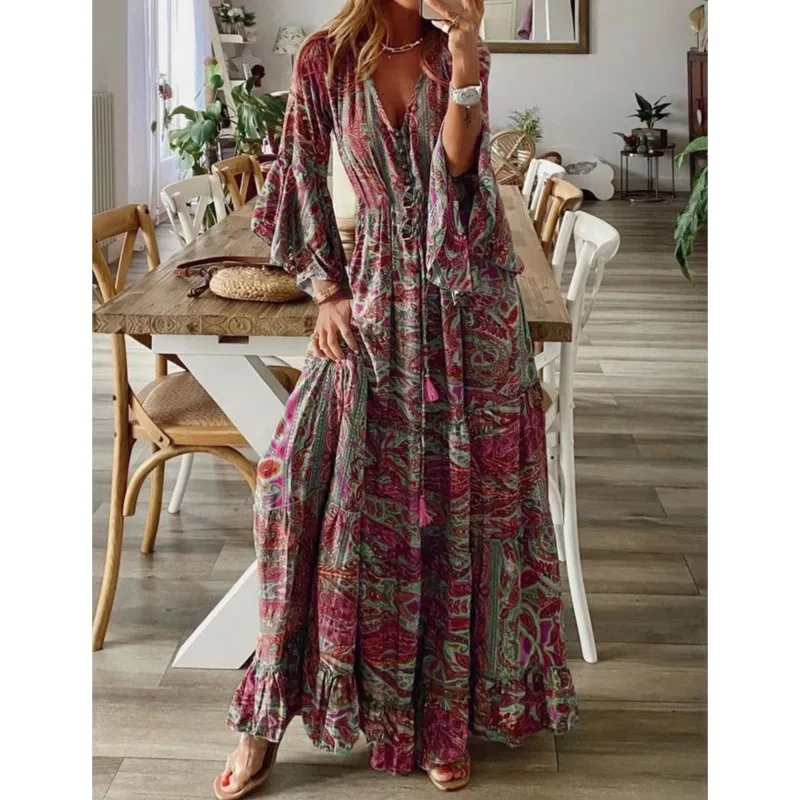 Robe longue de style bohème pour femme, imprimé floral fragmenté, manches évasées, col en V, taille haute, rétro, mode automne