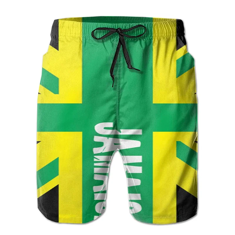 Men\'s 3d Printed Jamaican Flag Swim Trunks Fashion Summer Jamaica Beach Surf Board Shorts Quick Dry Sports Gym Short Pants