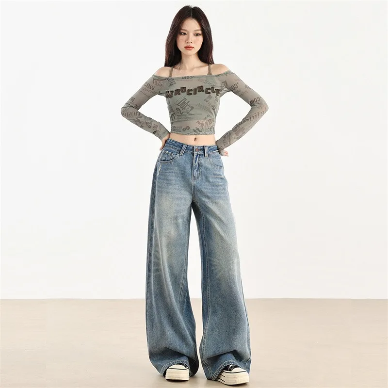 

Light Blue Vintage Denim Draped Dragged Pants American Style Soft Double Core Race Network Fabric Ultra Soft High Street Bot