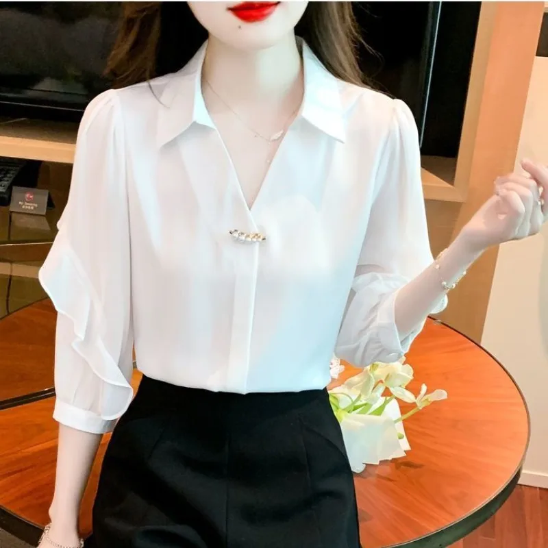 Women\'s Summer New Fashion Commute Solid Color Spliced Ruffles 3/4 Sleeve Chiffon Blouses Work Wear Half Open Collar Chic Shirts