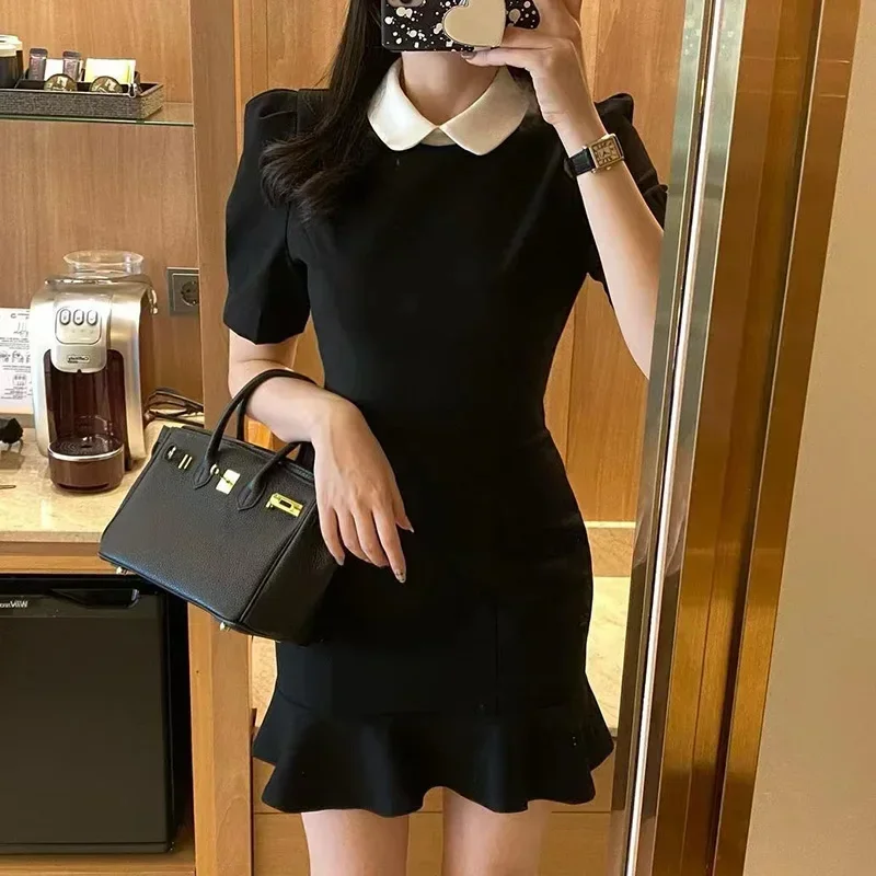 Korean Chic Sexy Package Hip Fishtail Dress Contrast Color Turn-down Collar Puff Sleeve Mini Robe 2024 Summer Elegant Vestidos