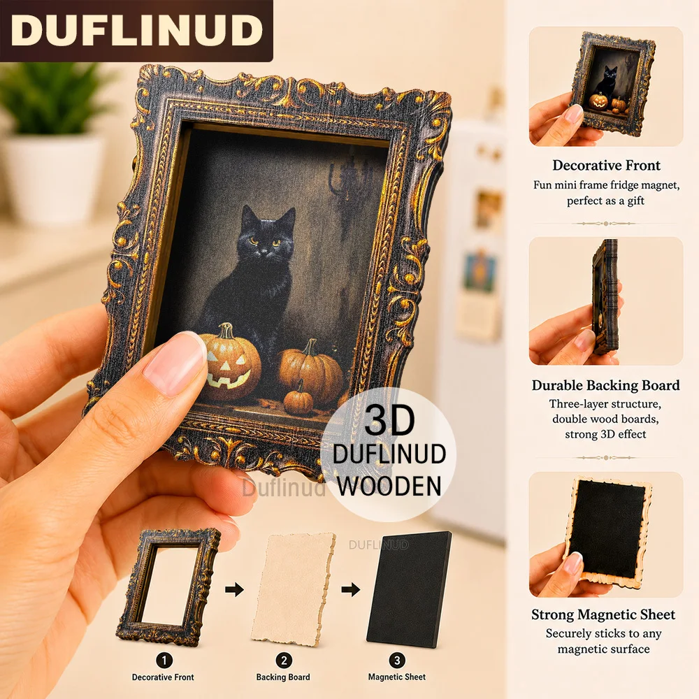 3D Vintage Verzierter Rahmen Schwarze Katze Kürbis Holz-Kühlschrankmagnet, Gotische Halloween-Deko Kühlschrankmagnet Küchen-Heimgeschenk