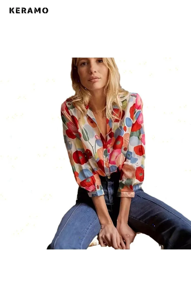 French Elegant Style Floral Print Turn Down Collar Luxury Blouses 2025 Winter Women Office Lady Long Sleeve Shirts Chiffon Top