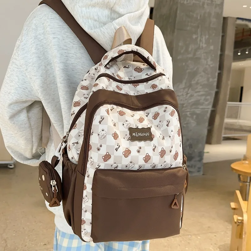 traveasy-2026-new-cute-bear-plaid-print-backpack-set-for-girls-nylon-with-tote-bag-coin-purse-schoolbag-casual-campus-daypack
