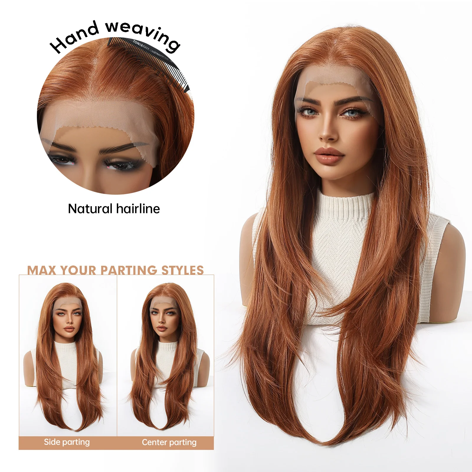 Ginger Orange 13x6 Lace Front Synthetic Wigs for Women Long Straight HD Transparent Lace Natural Hairs Wig Daily Heat Resistant