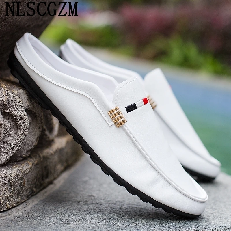 Slippers Luxury Designer Half Shoes for Men Casuales Slippers Men Luxury Summer Slippers Leather Shoes for Men Zapatos Hombre