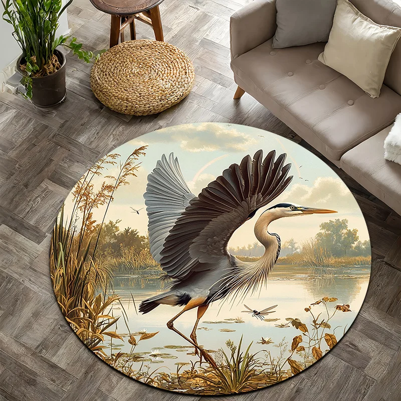 Wetland Heron Theme Flannel-printed round floor mats are slip-resistant Suitable for living room bedroom terrace garden carpets