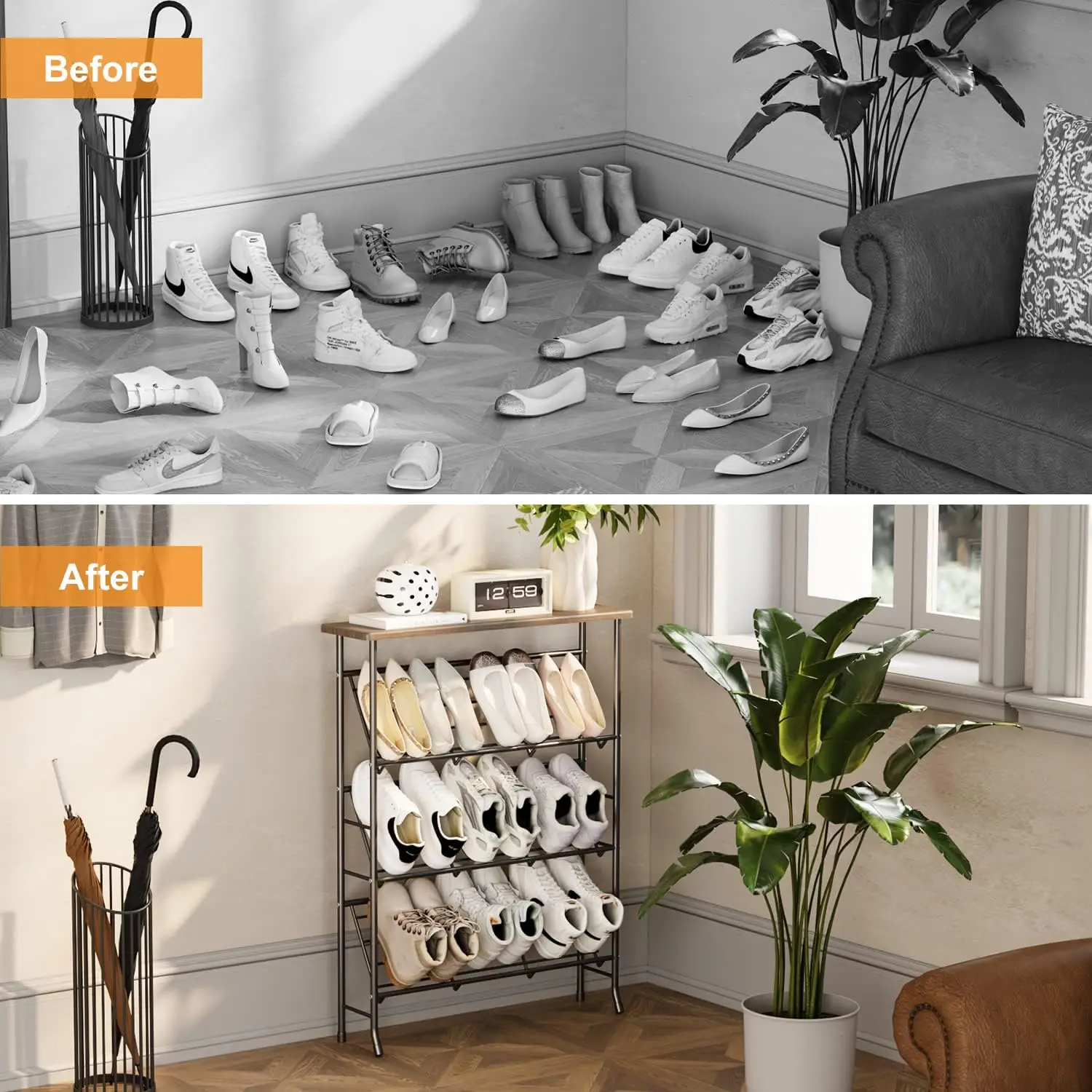 4 Tier Metal Shoe Storage Shelf, Free Standing Shoe Racks, Space Saving Shoe Rack Organizer for Entryway, Hallway, Bedroom