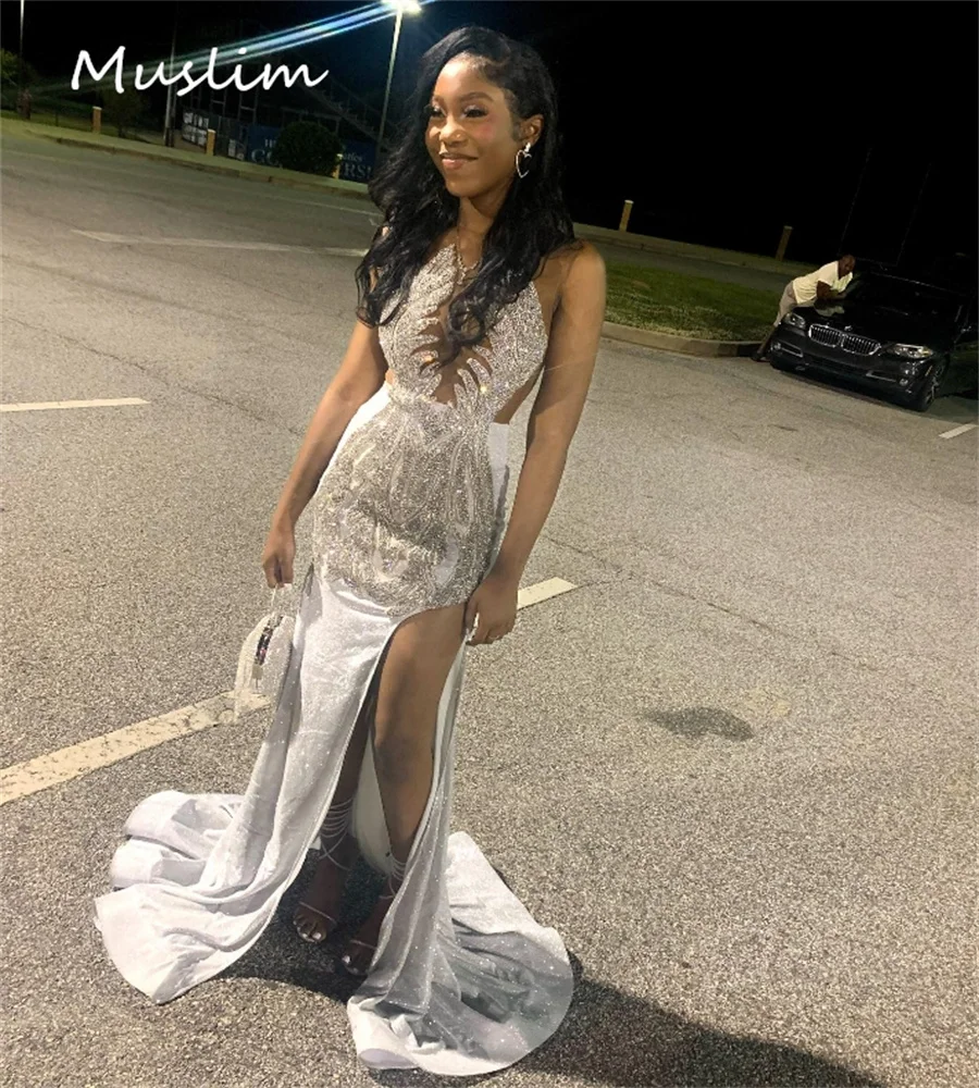 Gorgeous Silver Evening Dress With Diamond Crystal Luxury Black Girls Prom Dresses With Slit African Dance Birthday Customized