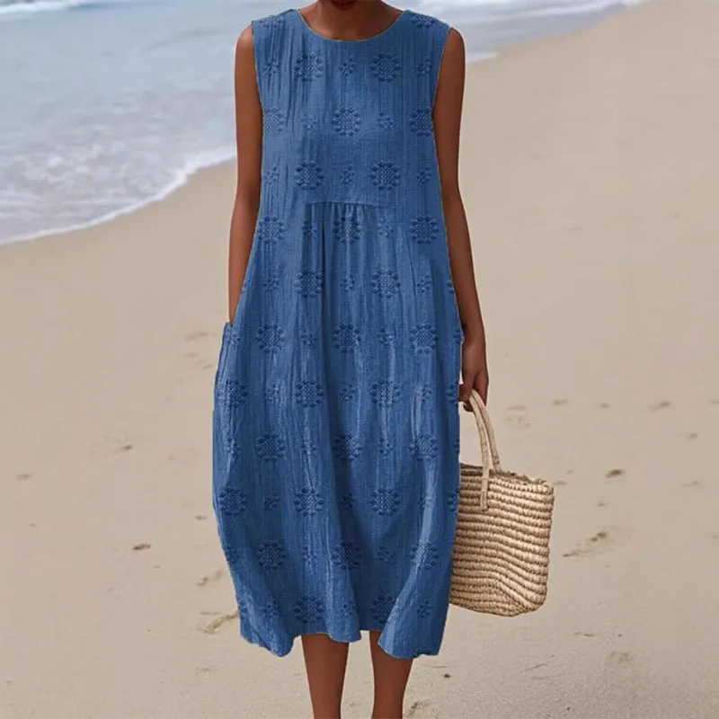 Robe longue plissée avec poches imprimées Vintage, col ras du cou, ample, style Boho, sans manches, décontractée, pour la plage, printemps, été