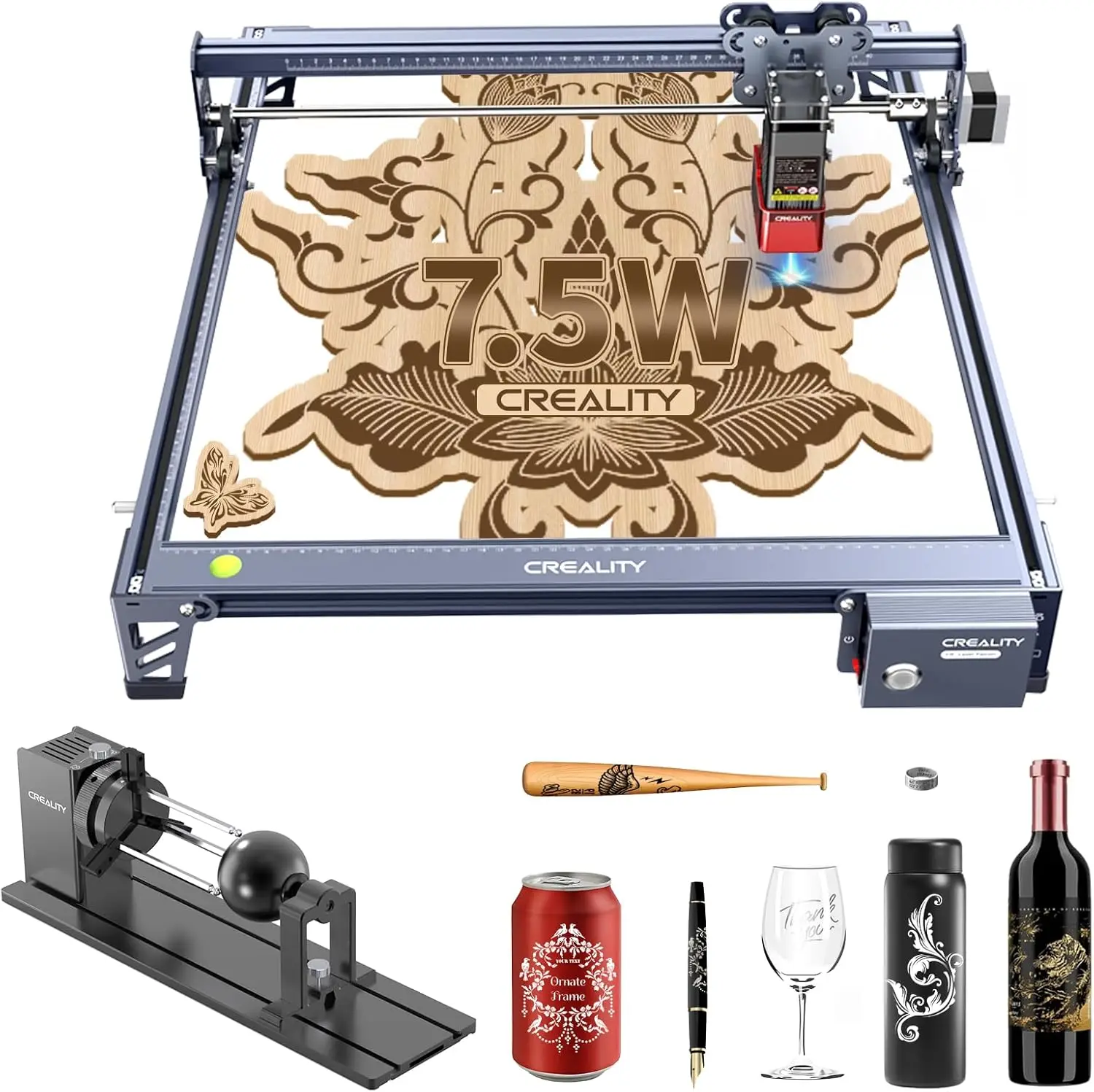 Creality Laser Engraver Pro 3-em-1 Rolo Rotativo, Cortador De Anel Copo De Vidro, Velocidade De Alta Precisão, Laser DIY, 7.5W