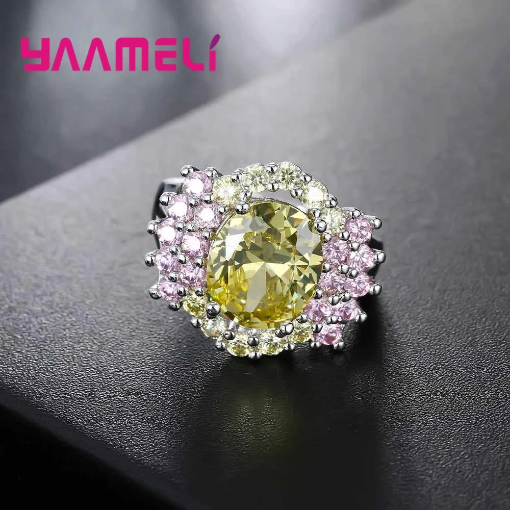Brand Yellow Stone Decorated With Pink Crystal Cubic Zirconia 925 Sterling Silver Ring For Wedding Valentine\'s Day Gift