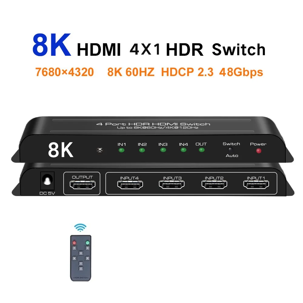 8K@60hz HDMI-compatible Switch 4 In 1 Out Auto Switch IR Remote Control 4K@120Hz HDR Dolby Vision DTS Dolby Atmos AC3 for PS5