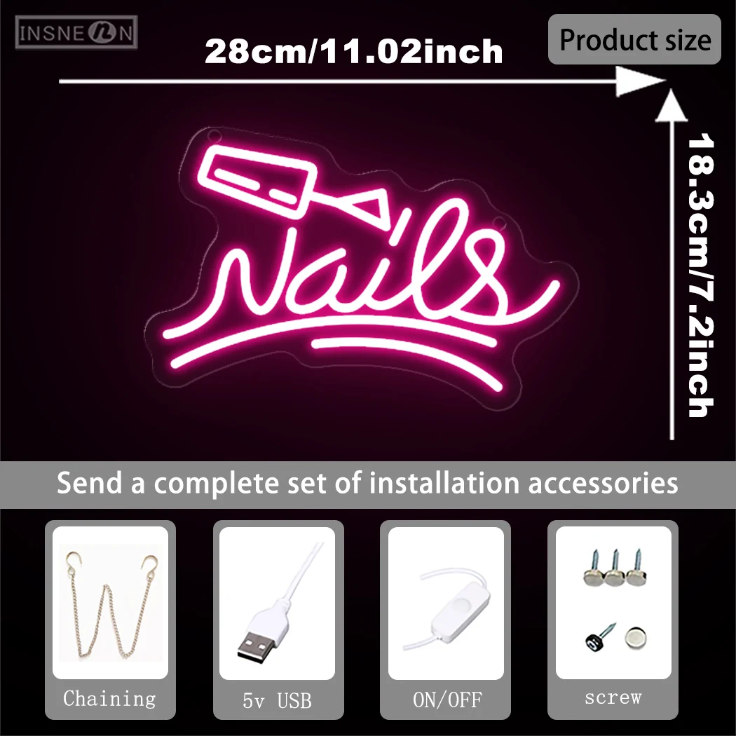 Nails Neon Sign LED Lights Cosmetics Shop Manicure Shop Home Room Shop Party Hanging Wall Decoration USB Beauty Salon Signboard