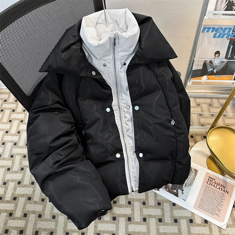 

Man Winter Coat Thicken Wind-proof Stand Collar Male Dow Outerwear Streetwear Long Sleeve Zipper Loose Men Fake Two-piece Jacket