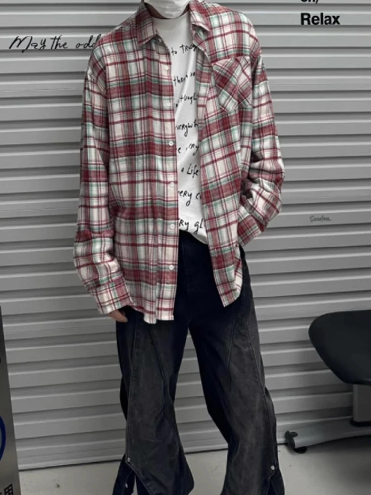 

Red Plaid Long Sleeve Shirt Men's Loose Lazy Style Cleanfit American Retro Pattern Cotton Autumn Fashion Button Detail