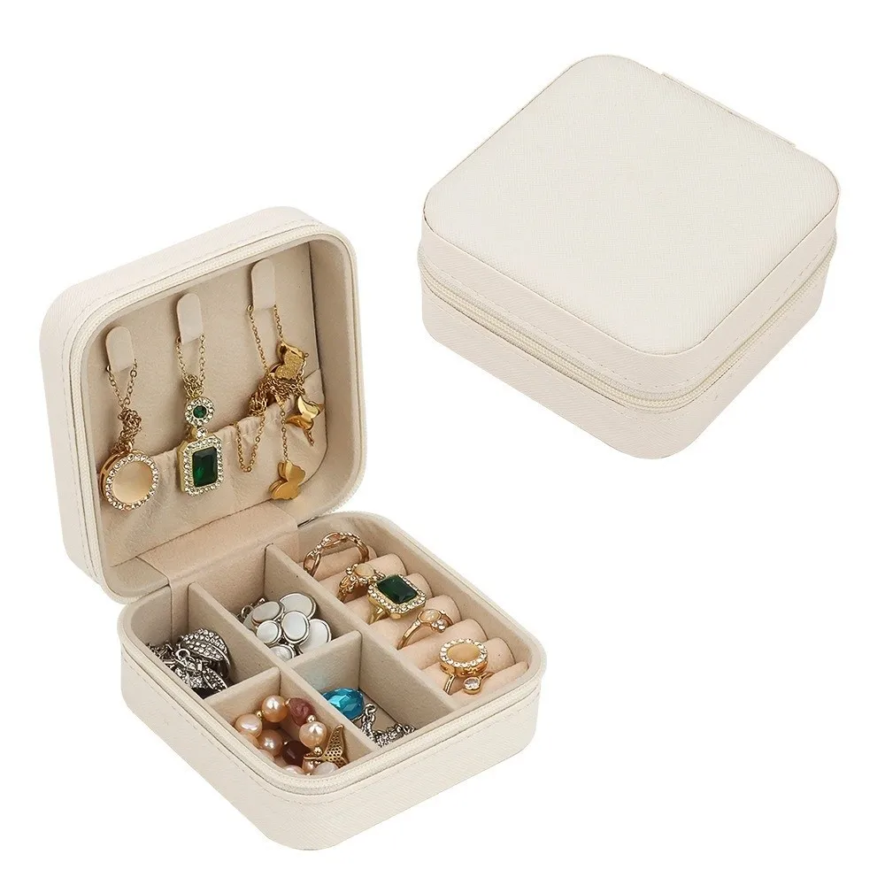 

PU Leather Portable Jewelry Box Zipper Closure Compact Design Mini Jewelry Storage Button Closure Macaroon Style
