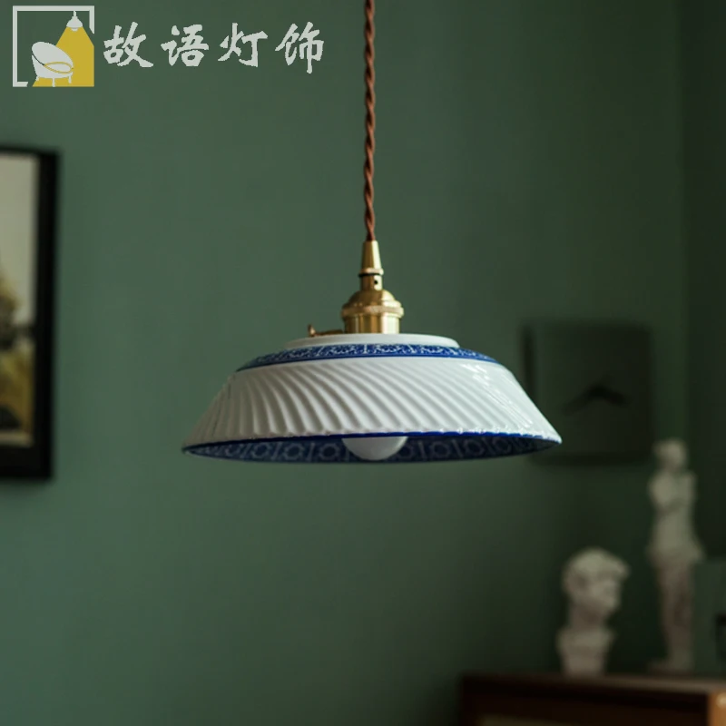 Vintage blue and white porcelain pendant light from ancient times entrance hall homestay tea room balcony bedside pendant light