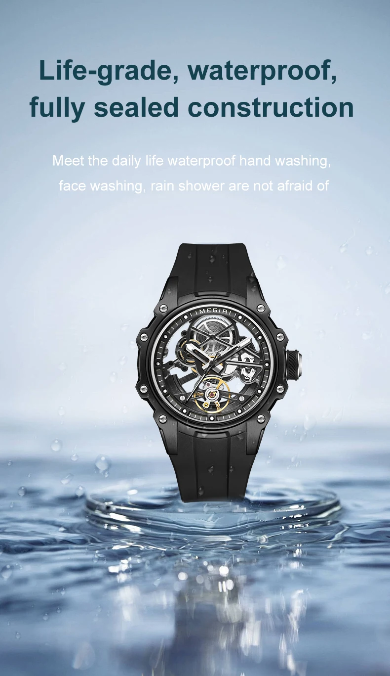 MEGIR Skeleton Dial Automatische Mechanische Uhr Männer Edelstahl Gehäuse Wasserdicht Leuchtende Sport Armbanduhr mit Silikon Armband – Detail 6