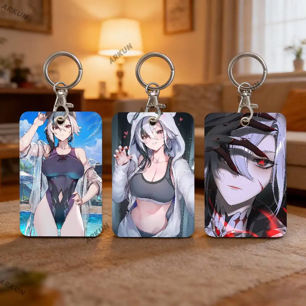 Cool Hot Girl Arlecchino Genshin Impact Game Card Holder Rectangle ID Card Case Keychain Access Card Bag Key Tag Ring Leather