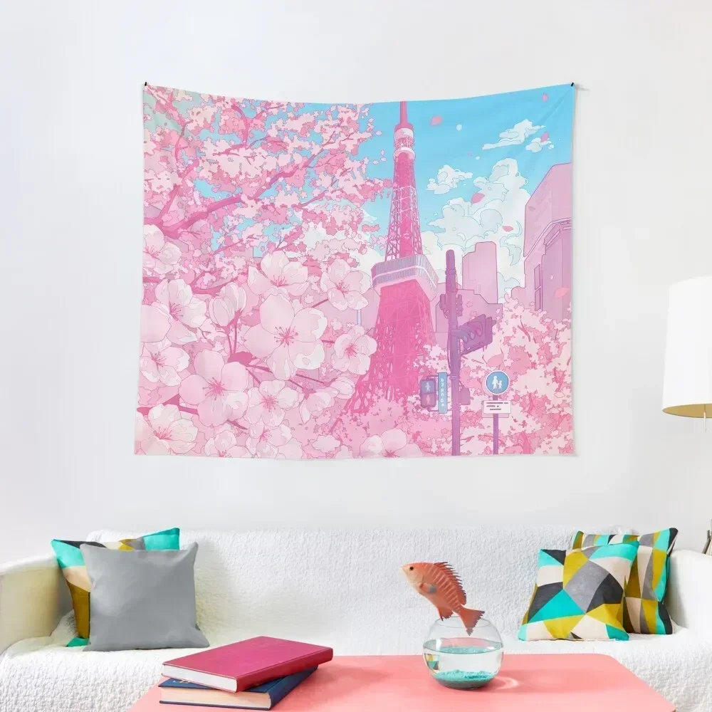 

Tokyo Tower & cherry blossom (Corrected Colors) Tapestry Decor For Room Room Aesthetic Decor Aesthetics For Room Tapestry