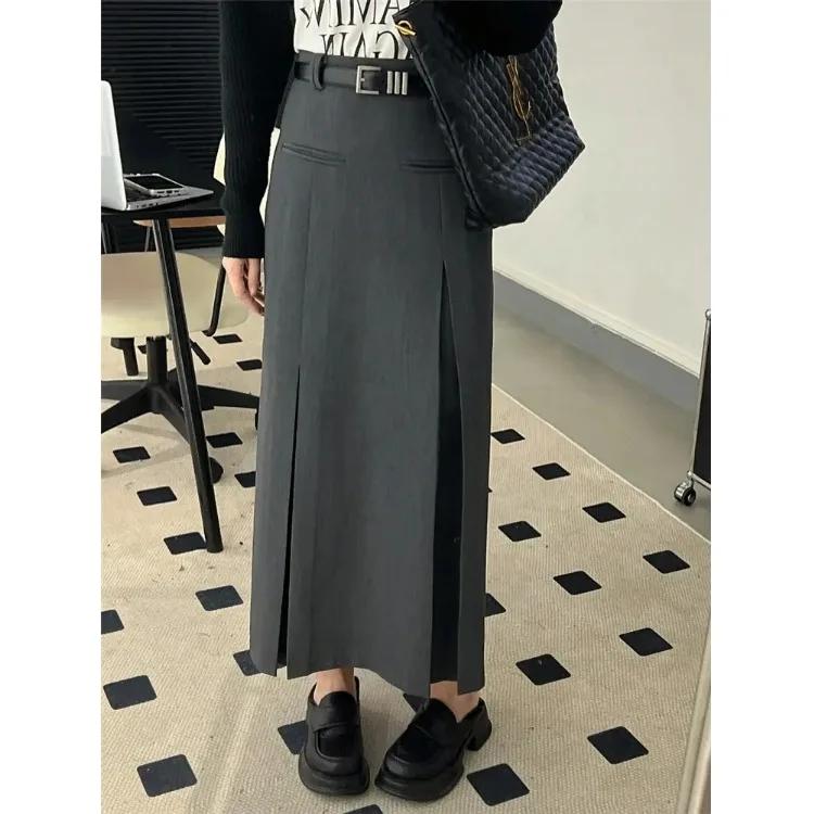 

Female Ruched Gray Blazer Dress With Belt High-waisted Slim Casual A-line Midi Skirt Trendy Autumn New Women's Clothing Harajuku