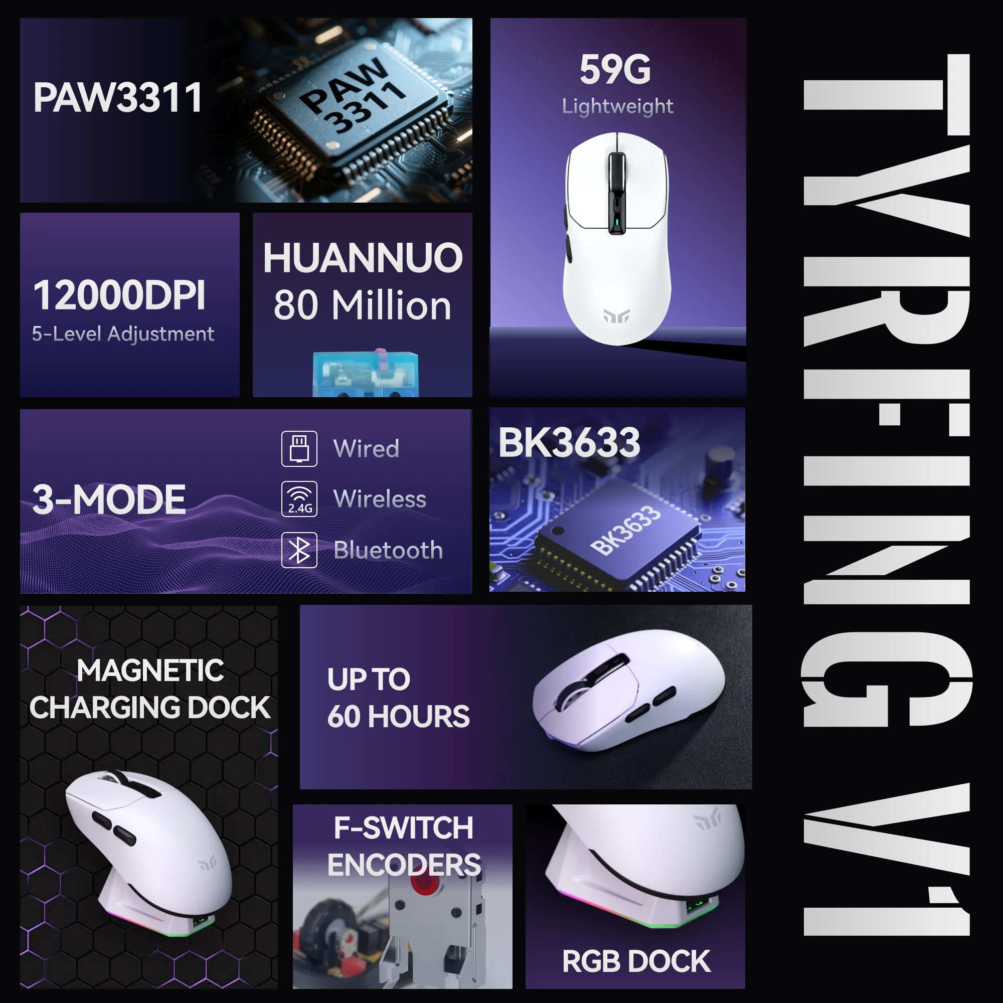 نعم ماجيك V1 PAW3311 12000 ديسيبل متوحد الخواص 59g ماوس ألعاب لاسلكي ماوس مريح لليد اليمنى مع قاعدة شحن شاشة مغناطيسية RGB