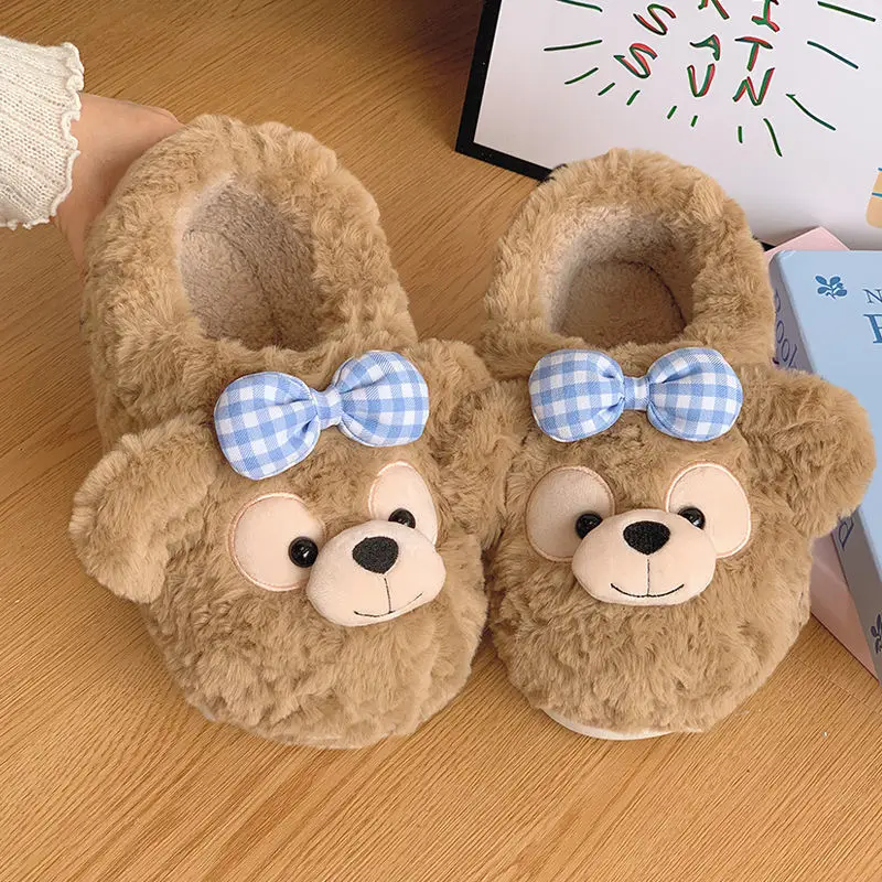 Popular Cute Bear Cotton Slippers for Women, Autumn and Winter Outdoor Wear, Non-Slip, Home Thick-Soled, Fleece-Lined, Closed-Back, Warm Cotton Shoes