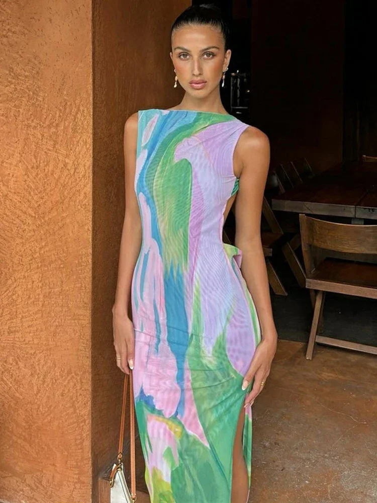 Tie Dye Print Summer Sexy Backless Party Club Birthday Maxi Split Dress Women Y2K Streetwear Sleeveless Bodycon Beach Sundress