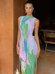 Tie Dye Print Summer Sexy Backless Party Club Birthday Maxi Split Dress Women Y2K Streetwear Sleeveless Bodycon Beach Sundress