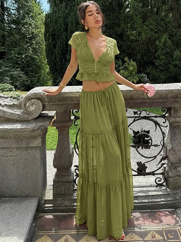 

BKQU Y2K Lace Ruched Two Piece Sets Summer Elegant Outfits V Neck Short Sleeve Crop Top Long Skirt Female Club Party Dress Set