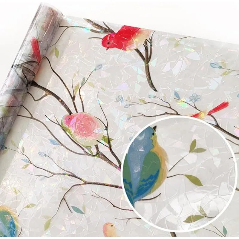 1 Roll Colorful Bird Pattern Frosted Privacy Window Film Static Cling No Glue Removable for Balcony Bedroom Bathroom Glass