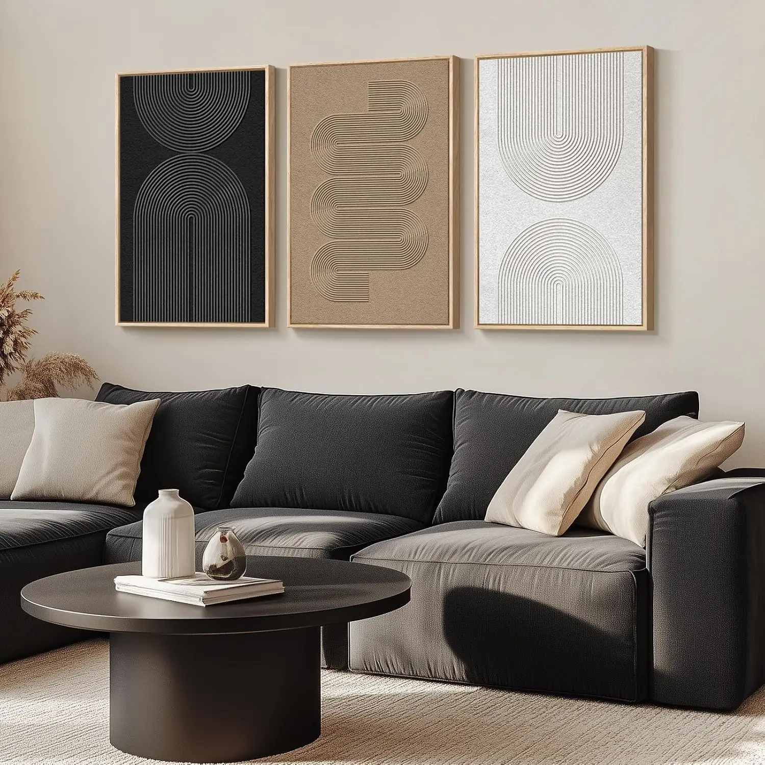 Set of 3 Framed Black White Boho Geometric Abstract Canvas Wall Art Prints 24 X 36 Inch, Neutral Shape Wall Decor for Living Room Bedroom Dining Room Office Indoor Home Display