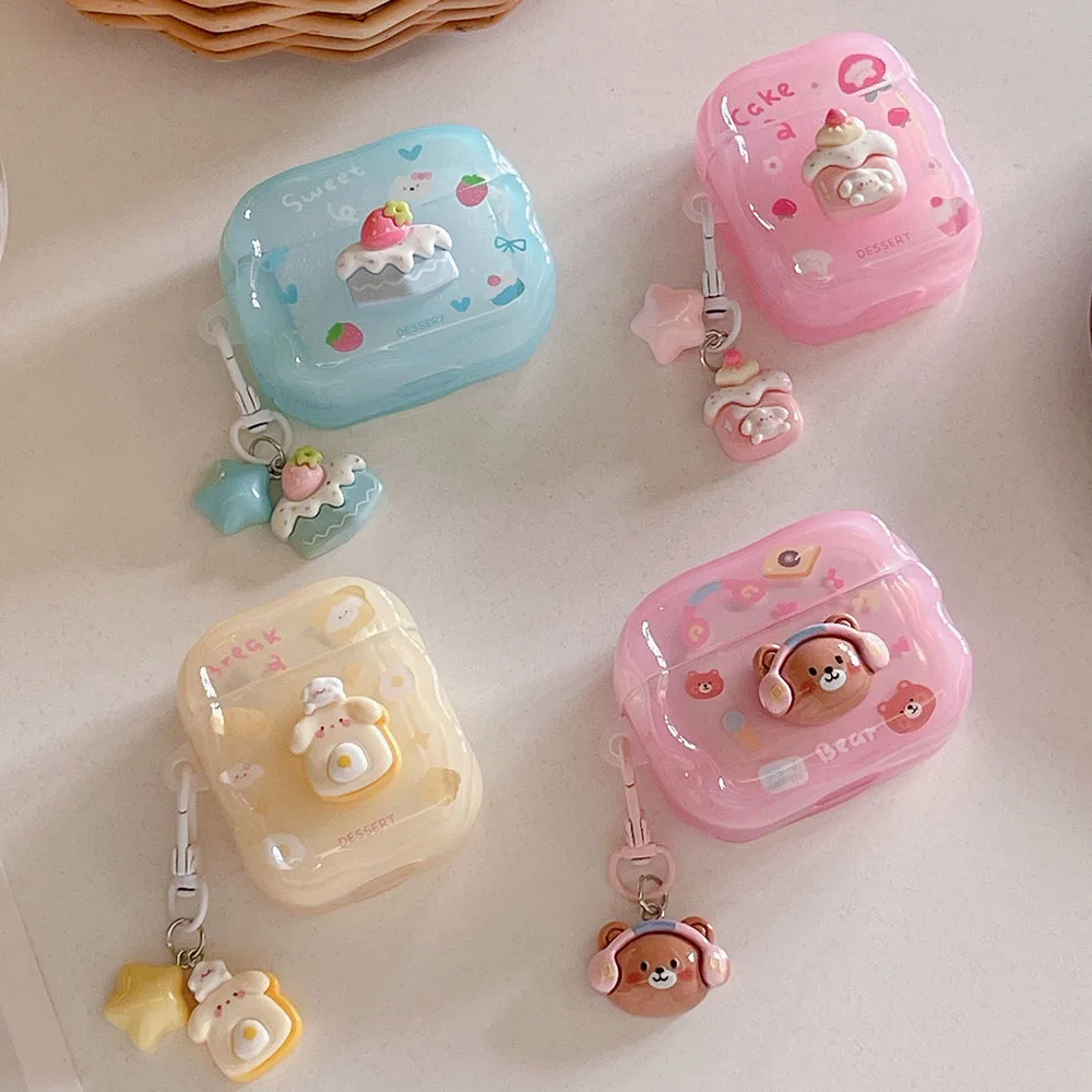 Cartoon Cake Egg Bear Case For AirPods 1 2 3 Pro 2 EarBuds Earphone funda For AirPod Pro2 with Keyring Headset Bags Accessories