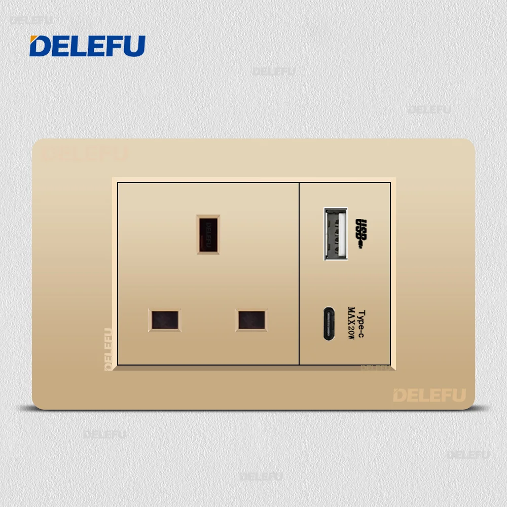 DELEFU Wall Switching power socket USB-C PC Gold panel UK series