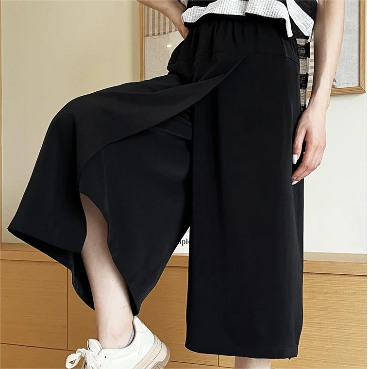 Spring and summer casual ice silk drape wide leg skirt pants, women's loose size high waisted slit pants