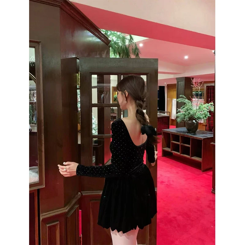 

Sweet Retro Sle Bal Bla Velvet Top with Puffy Skirt for Women Long Sve Faion Set ort Pants Autumn Collection